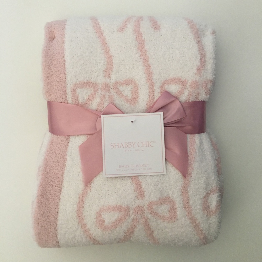 Baby Blanket Pink Ribbon Bows Soft Cozy Reversible NEW Shabby Chic